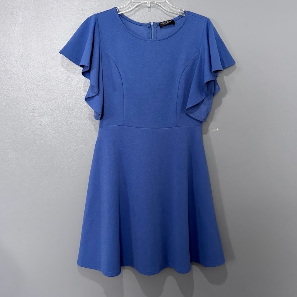 OTEN Skater Dress Women Med Blue Crepe Flutter Sleeve Fit Flare Cocktail‎ Party